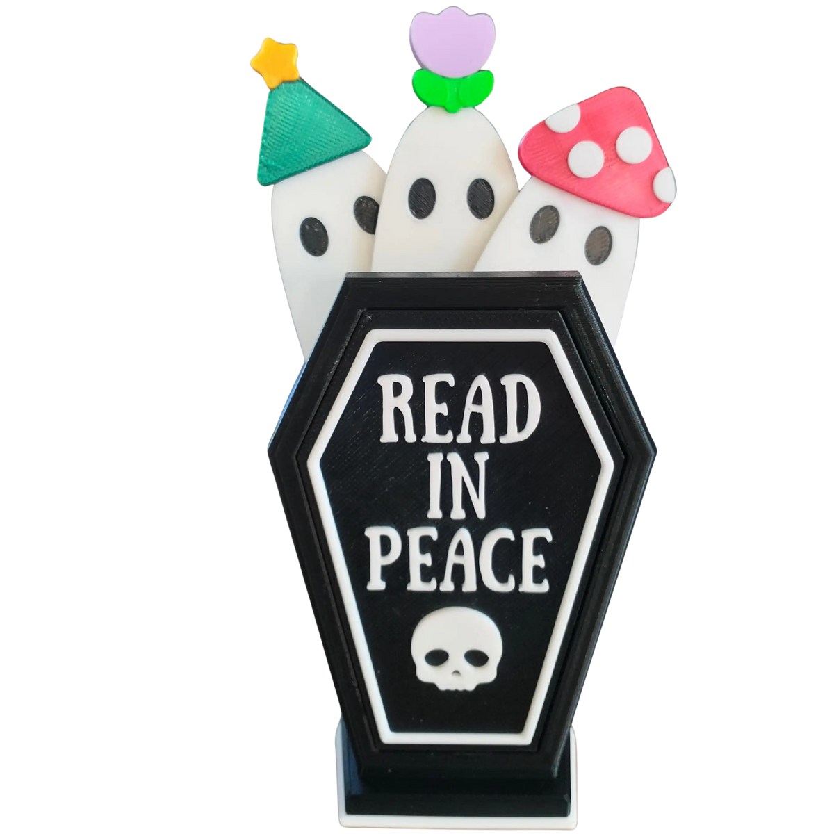 Read in Peace coffin bookmark holder with three ghost bookmarks
