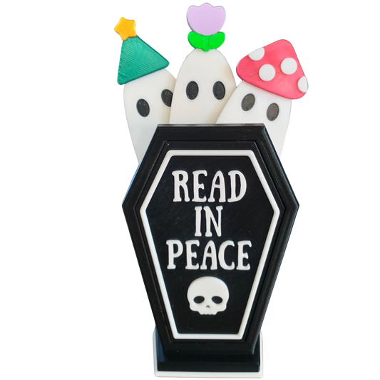 Read in Peace coffin bookmark holder with three ghost bookmarks