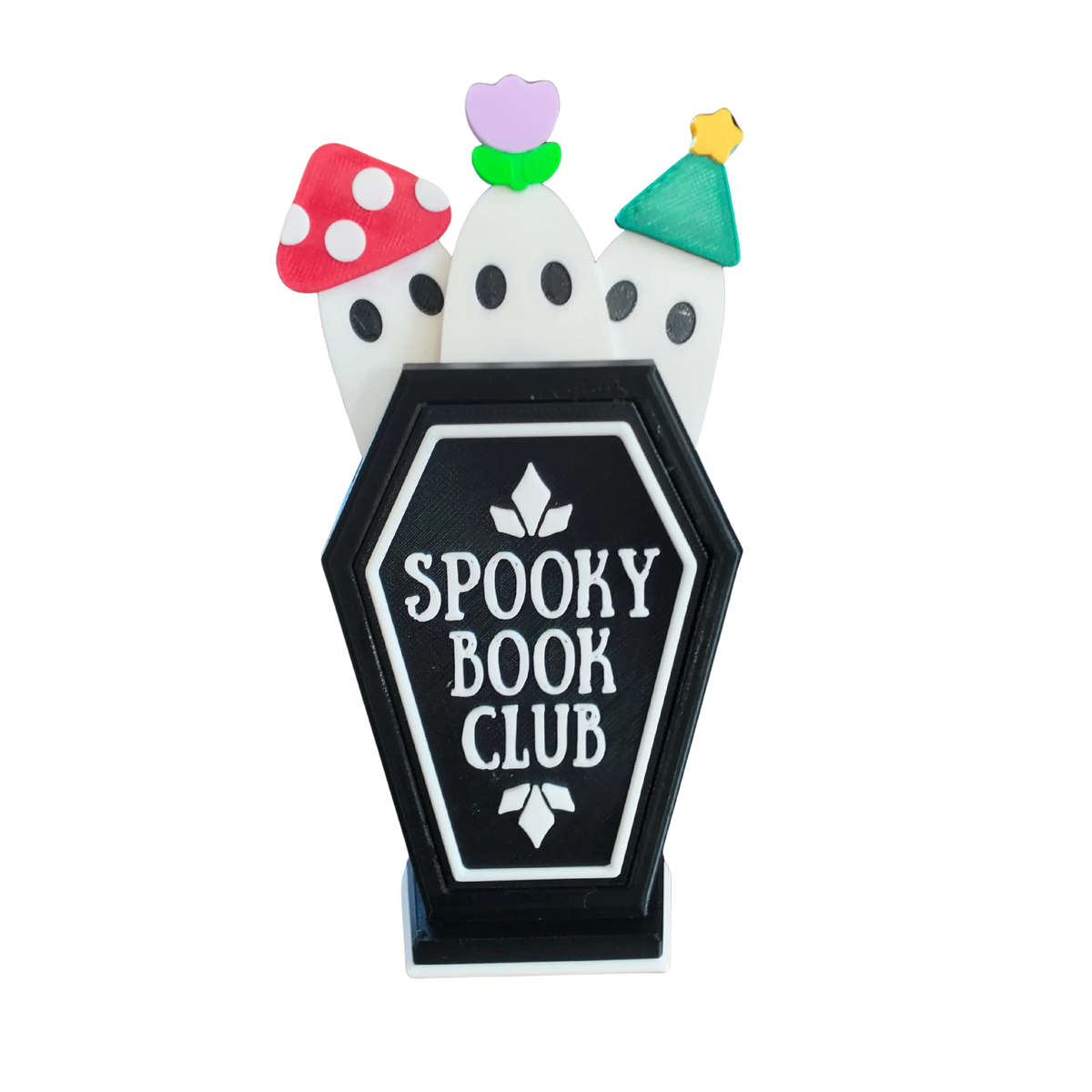 Spooky Book Club coffin holder with three 3D printed ghost bookmarks