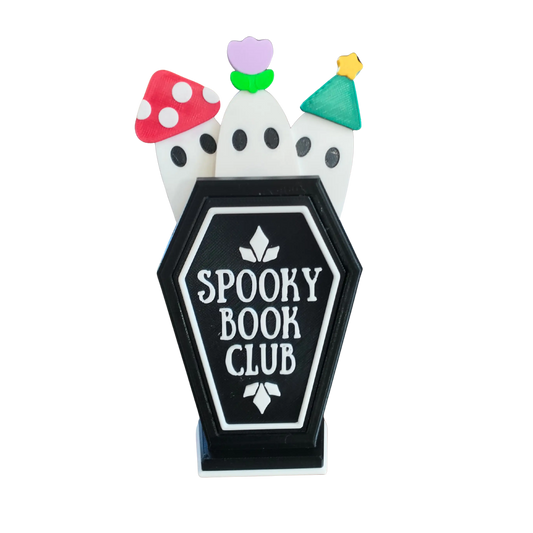 Spooky Book Club coffin holder with three 3D printed ghost bookmarks